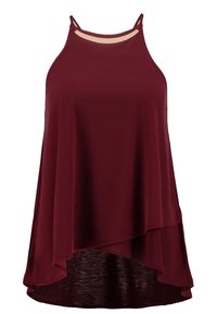 Bordowy bezrękawnik z miękkiego materiału, charakteryzujący się warstwowym wzorem, skośnym dołem, wąskimi ramiączkami i okrągłym dekoltem.