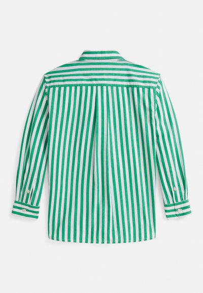 Πουκάμισο με μακριά μανίκια σε πράσινες και λευκές ρίγες, με κλασικό γιακά, κουμπωτά μανσέτα και πίσω γιακά με πιέτα· βαμβακερό ύφασμα.