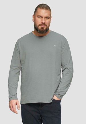 Lichtgrijze longsleeve t-shirt van zachte stof met een ronde halslijn en een klein logo op de borst. Draagt met donkere broek.