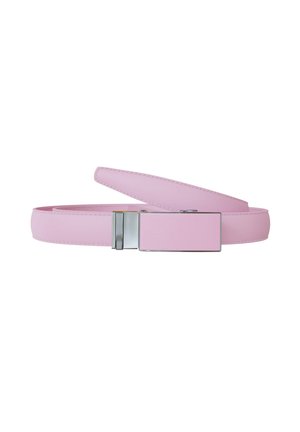 Light pink leather belt with a rectangular shiny metal buckle, laid in a loop on a white background.