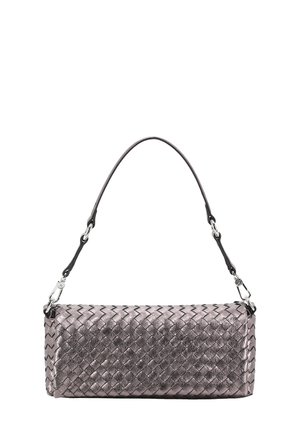 Woven leather handbag in metallic mauve with a rectangular shape, a short shoulder strap, and silver hardware accents.