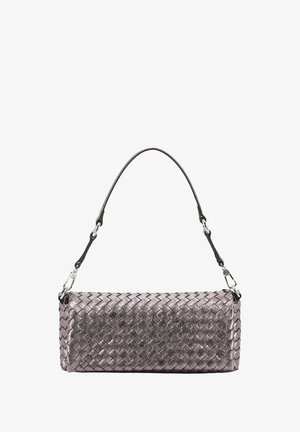 Woven leather handbag in metallic mauve with a rectangular shape, a short shoulder strap, and silver hardware accents.