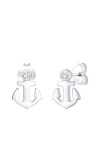 Sølv anker stud øreringe med en klar krystalaccent, med en poleret finish og et to-dimensionelt design. Klar bagside inkluderet.