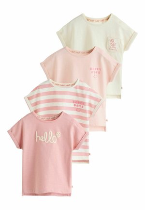 Vier kurzärmelige Babyshirts in Rosa und Creme, mit den Aufschriften "hello", Streifen, "happy days" und "home grown" mit einem Blumenaufnäher.