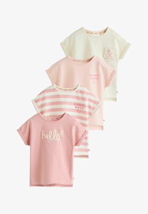 Vier kurzärmelige Babyshirts in Rosa und Creme, mit den Aufschriften "hello", Streifen, "happy days" und "home grown" mit einem Blumenaufnäher.