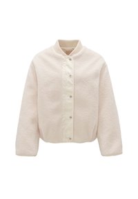 Różowa polarowa kurtka z prążkowanym kołnierzem, zapięciem na napy z przodu i lekko skróconą sylwetką. Miękka tekstura i minimalistyczny design.