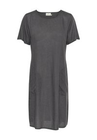 Harmaa lyhythihainen mekko kevyestä kankaasta, jossa on pyöreä pääntie, sivutaskut ja rento muoto. Yksinkertainen, siisti muotoilu ilman kuvioita.