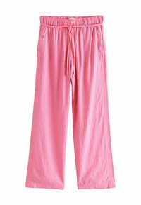 Lichtroze wijde broek met een elastische tailleband, trekkoord en zijzakken. Gemaakt van een zachte, lichte stof met een gladde textuur.