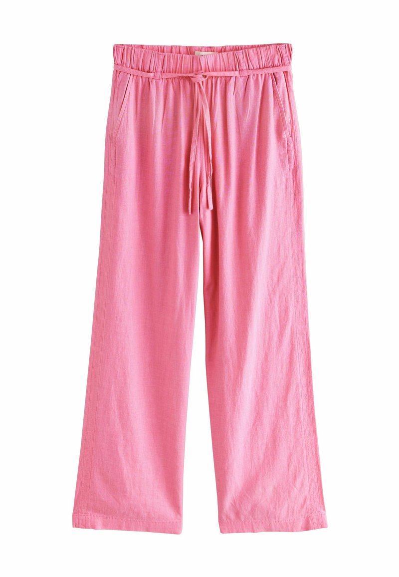Lichtroze wijde broek met een elastische tailleband, trekkoord en zijzakken. Gemaakt van een zachte, lichte stof met een gladde textuur.