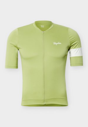 Hellgrünes Radtrikot mit kurzen Ärmeln, Frontreißverschluss, weißem Streifen am linken Ärmel und „Rapha“-Logo auf der linken Brust.