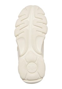 Weiße Sneaker-Sohle mit strukturiertem Gummi, gewelltem Profil und einem kreisförmigen Logo in der Mitte.