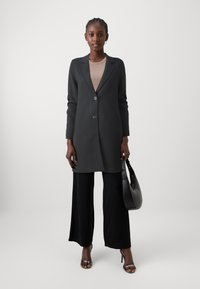 Manteau gris ajusté avec un col et deux boutons, associé à un pantalon large noir, un sac à main noir et des talons argentés.