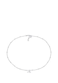 Sølv kæde med små sfæriske perler og et minimalistisk vedhæng formet som bogstavet "A." Justerbar længde med lås.