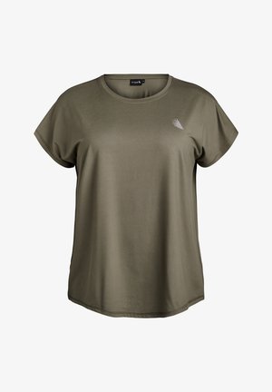 Kortærmet t-shirt i olivengrøn med rund halsudskæring og et diskret logodetalje på brystet. Fremstillet af glat, letvægtsstof.