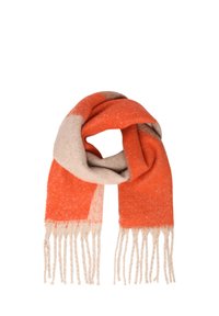 Bufanda de lana naranja y beige con una textura suave, con bordes de flecos y un diseño de colores bloqueados.
