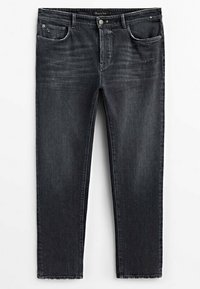 Svarta denimjeans med normal passform, femfickorsdesign, lätt blekning på låren och rak benklippning. Har en klassisk knapp och dragkedja.