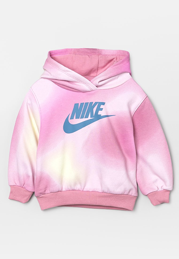 Hoodie rose avec un design en dégradé, présentant un logo Nike bleu sur le devant et des poignets et un ourlet côtelés.