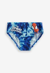 Shorts de bain en tie-dye bleu avec un design imprimé de Spider-Man et le texte "MARVEL SPIDEY AMAZING FRIENDS". Taille élastique, tissu doux.