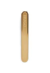 Guldbar-formad slipsklämma med en slät, polerad yta med ordet "HUGO" präglat. Rundade kanter med en snygg design.