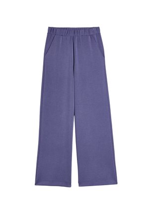 Fioletowe spodnie szerokie z elastyczną talią, bocznymi kieszeniami i miękką, gładką fakturą. Lekka tkanina odpowiednia do codziennego noszenia.