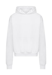 White hoodie featuring a front pocket, a drawstring-adjustable hood, and ribbed cuffs. Made from soft, smooth fabric with a relaxed fit.
