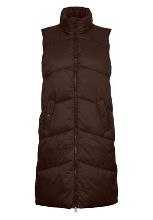 Bezrekawnikowa długa pikowana kamizelka w ciemnobrązowym kolorze z wysokim kołnierzem, zamkiem błyskawicznym z przodu i kieszeniami bocznymi na zatrzaski.