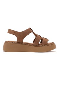 Brown suede platform sandal with wide straps and ankle support, featuring a thick sole and open toe design.