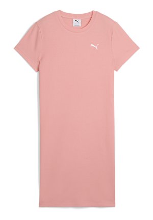 Rozā ribota T-kreklu kleita ar apaļu kakla izgriezumu, īsām piedurknēm un PUMA logo baltā krāsā uz krūtīm. Izstrādāta, lai veidotu pieguļošu siluetu.