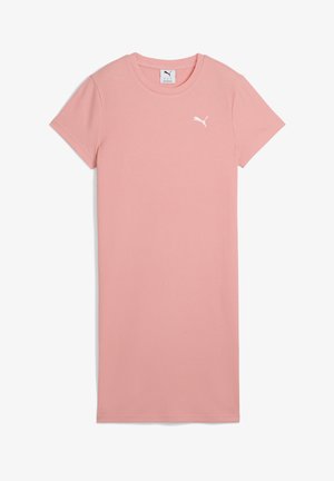 Růžové šaty ve tvaru trička s vroubkovaným vzhledem, kulatým výstřihem, krátkými rukávy a bílým logem PUMA na hrudi. Navrženo pro přiléhavý siluetu.