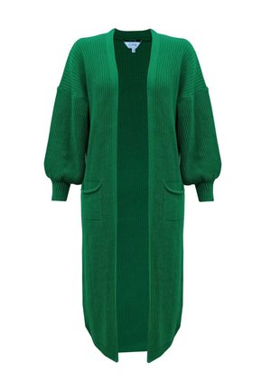 Grüner langer Cardigan mit geripptem Muster, offenem Vorderteil und Ballonärmeln. Verfügt über zwei vordere Taschen für zusätzlichen Komfort.