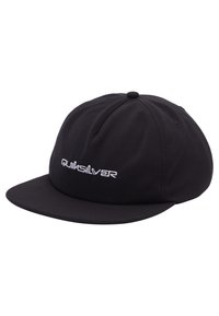 Black baseball cap with a structured design, flat brim, and white "Quiksilver" logo embroidered on the front. Made from durable fabric.