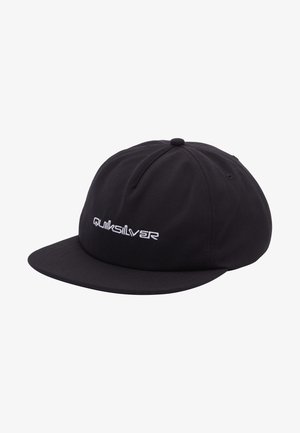 Black baseball cap with a structured design, flat brim, and white "Quiksilver" logo embroidered on the front. Made from durable fabric.