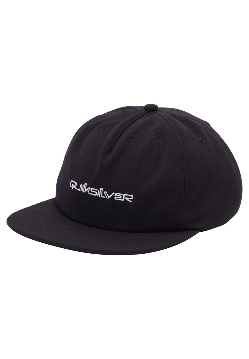 Black baseball cap with a structured design, flat brim, and white "Quiksilver" logo embroidered on the front. Made from durable fabric.