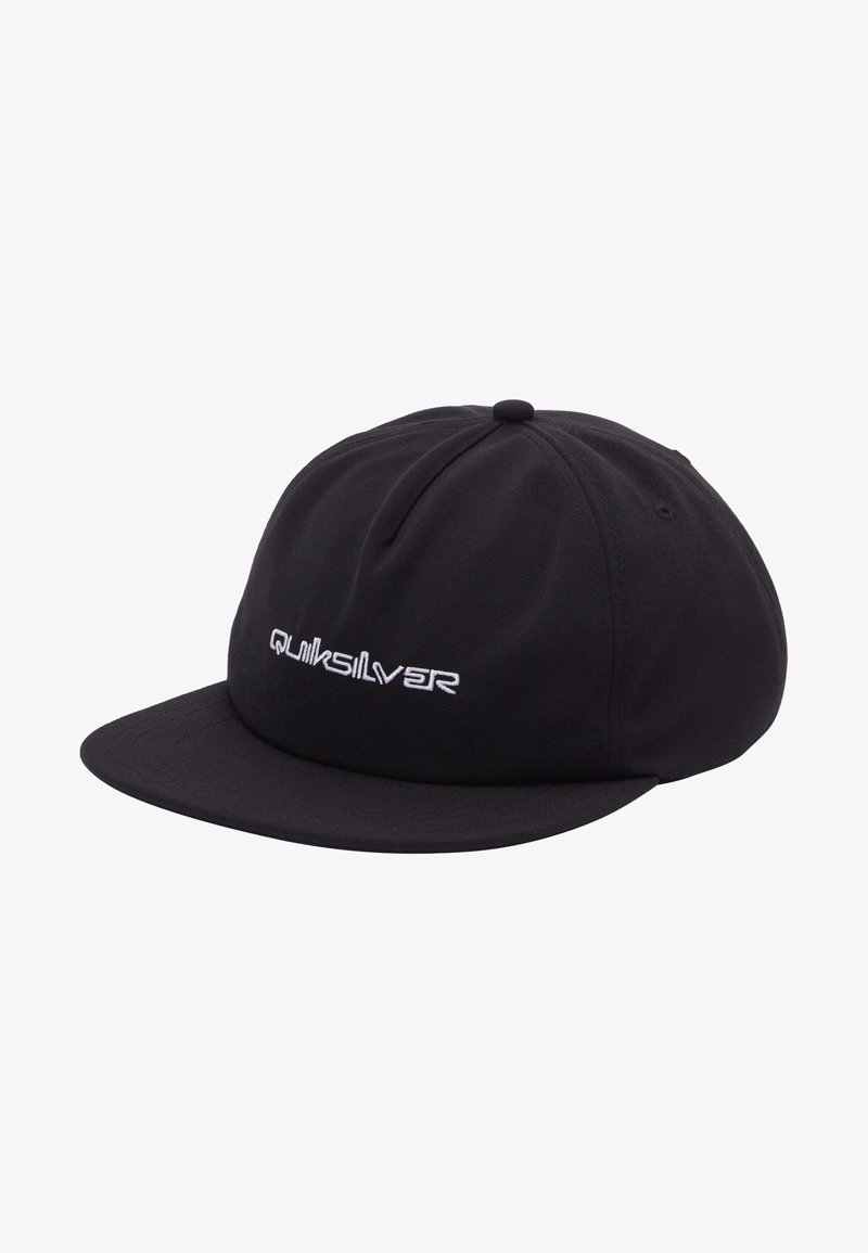 Gorra de béisbol negra con un diseño estructurado, visera plana y logo "Quiksilver" bordado en la parte frontal. Fabricada con un tejido duradero.