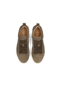 Zapatillas de ante en verde oliva con cordones marrones y suela de goma blanca. Características incluyen un lazo en la parte trasera y un logo en relieve en la plantilla.