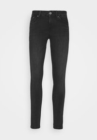 Vaqueros skinny de denim negro con un diseño clásico de cinco bolsillos, que cuentan con un cierre de botón, costuras sutiles y una textura suave.