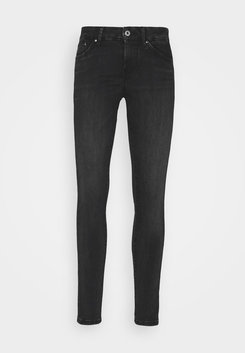 Vaqueros skinny de denim negro con un diseño clásico de cinco bolsillos, que cuentan con un cierre de botón, costuras sutiles y una textura suave.
