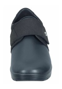 Black shoes with a smooth leather-like upper and an adjustable velcro strap. Rounded toe and minimal tread pattern on the sole.