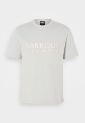 Light gray t-shirt made of cotton, featuring short sleeves and a round neckline. “BARBOUR INTERNATIONAL” is prominently embroidered in pale pink.