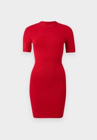 Rød strikket kjole med korte ermer, slim fit og rund hals. Har hevet "bango" tekstdetalj på forsiden.