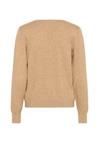 Beige gebreide trui met lange mouwen, een ronde halslijn en geribbelde mouwen. Soepele textuur met minimale details, ontworpen voor een relaxed fit.