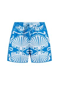 Zilās peldbikses ar baltu jūras čaulu rakstu, ar elastīgu jostasvietu un auklu, kā arī brīvu piegriezumu. Gluda auduma tekstūra un apmales malas.