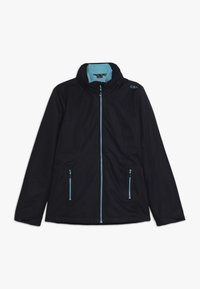 Sort udendørsjakke med lyseblå detaljer, lynlåslommer, stående krave og en glat tekstur. CMP-logo på brystet.