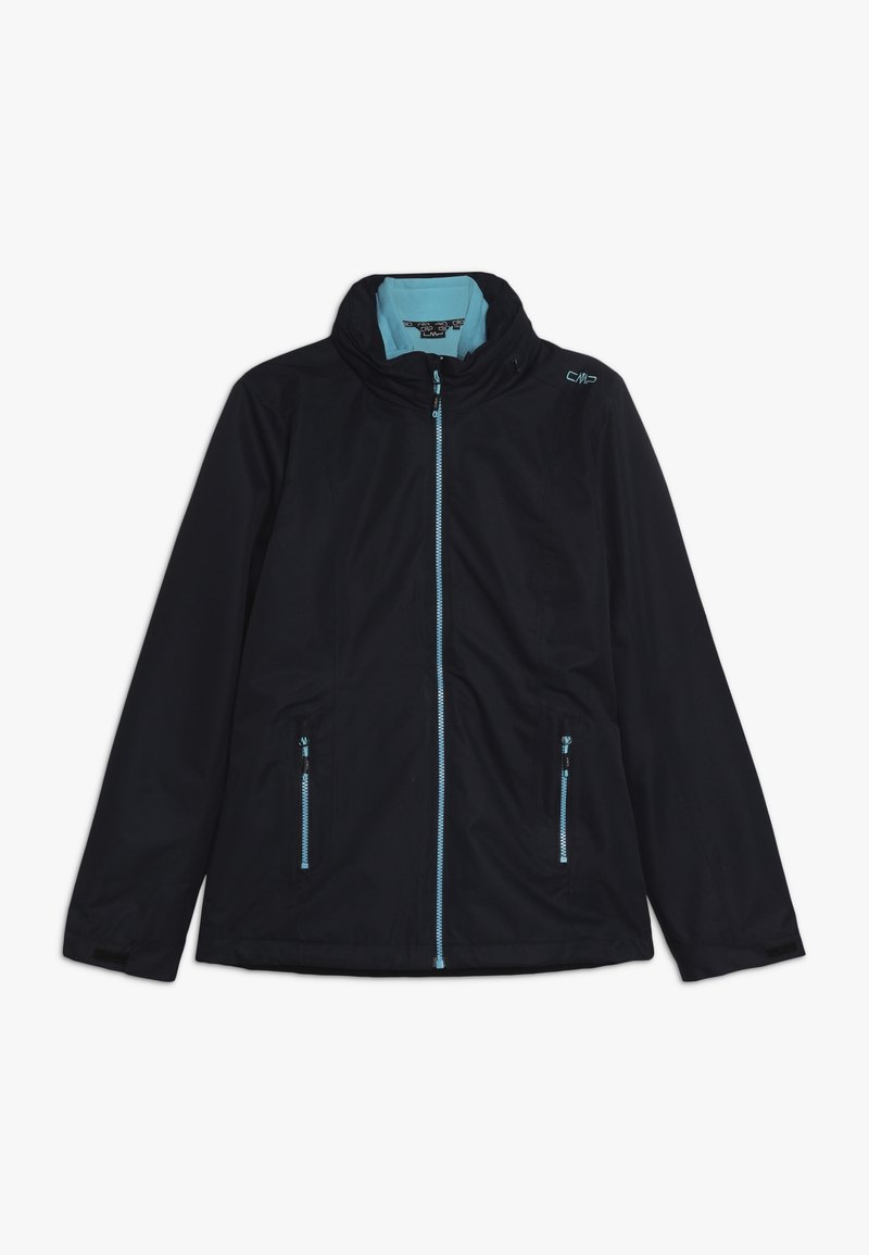 Sort udendørsjakke med lyseblå detaljer, lynlåslommer, stående krave og en glat tekstur. CMP-logo på brystet.