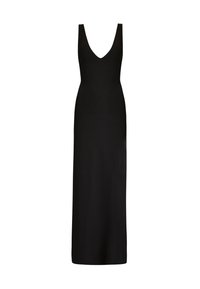 Schwarzes ärmelloses Maxikleid mit V-Ausschnitt und figurbetonter Silhouette, gefertigt aus glattem Stoff, mit langem und minimalistischem Design.