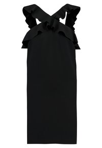 Abito nero senza maniche con una silhouette aderente, caratterizzato da dettagli a volant sulle spalle. Realizzato in un tessuto liscio.