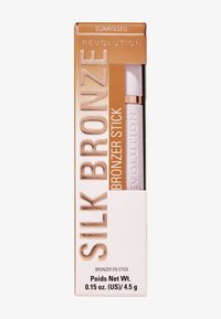 Bronzer-Stick in einer goldenen und weißen Box. Enthält erhabenen Text "SILK BRONZE", Volumen- und Markendetails. Texturierte goldene Akzente verbessern das Design.