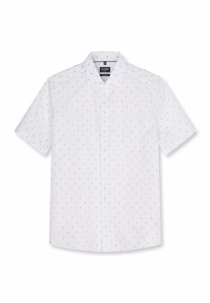 Camicia bianca a maniche corte con piccolo motivo floreale colorato e colletto classico, mostrata distesa su sfondo bianco.