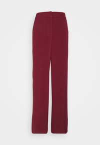 Pantalon large bordeaux à la texture lisse, avec une taille haute et un design épuré et simple. Sans poches visibles.