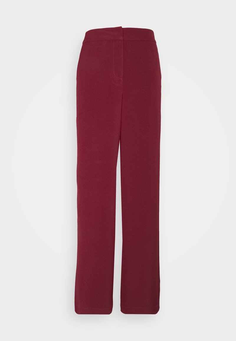 Pantalon large bordeaux à la texture lisse, avec une taille haute et un design épuré et simple. Sans poches visibles.